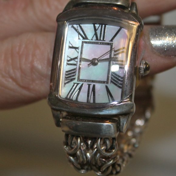 New 950 Fine Sterling Rainbow Silver MOP Face Tank Bracelet Watch 61 Grams! main image 4